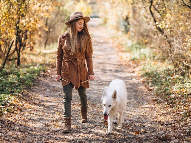 Young woman in park with her white dog